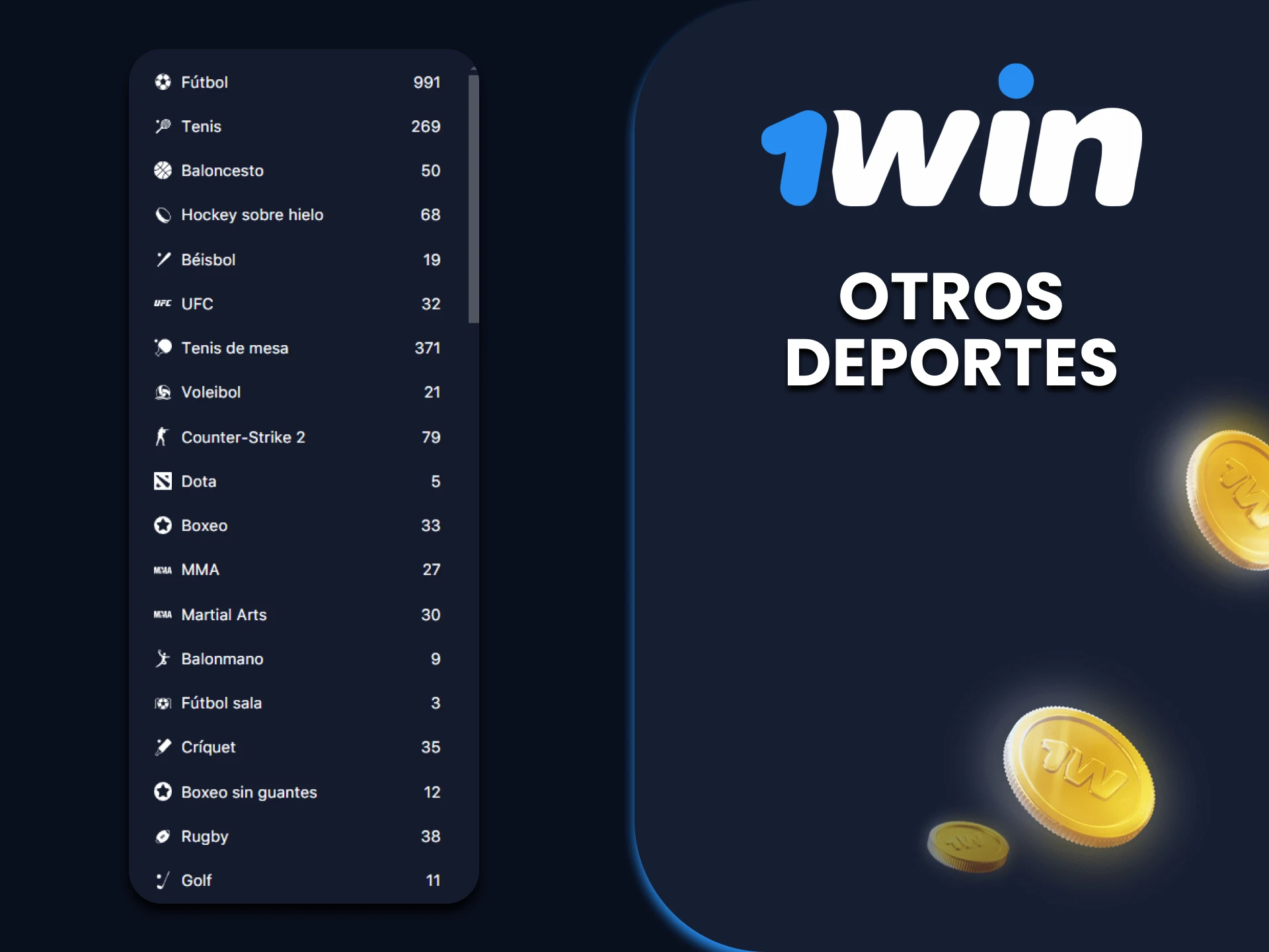 1win tiene una variedad de deportes para apostar.